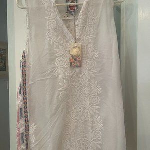 Johnny Was White Embroidered Tank with colorfull panels on side Size M